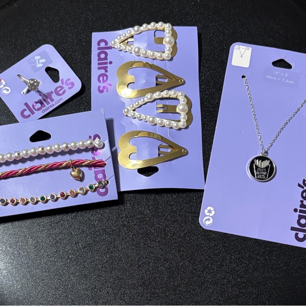 Claire's Accessories.Pearl Heart Barrettes,Peace Sign Ring, French Fry Necklace